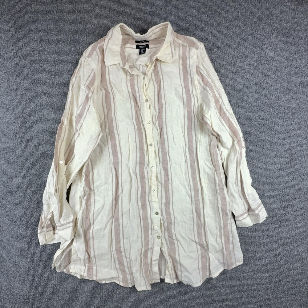 Jones New York Blouse Womens XL White Striped Linen Button Long Sleeve Tunic Top